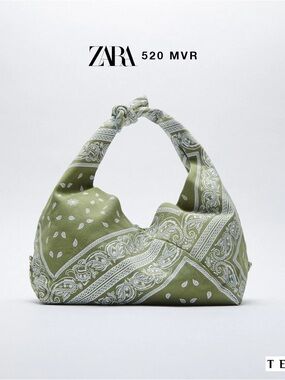 ZARA Paisley Olive Green Bandana-Print Knot-Handle Bucket Bag